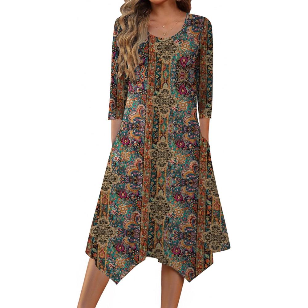 imageZeagoo Midi Dresses Women 2026 Spring Dress 34 Sleeve Casual Dresses with Pockets A Line Summer Beach SundressEthnic Brown