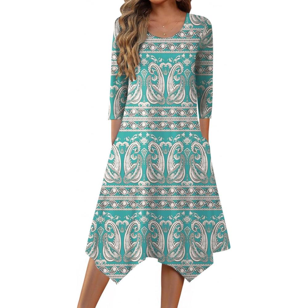 imageZeagoo Midi Dresses Women 2026 Spring Dress 34 Sleeve Casual Dresses with Pockets A Line Summer Beach SundressEthnic Green Apricot
