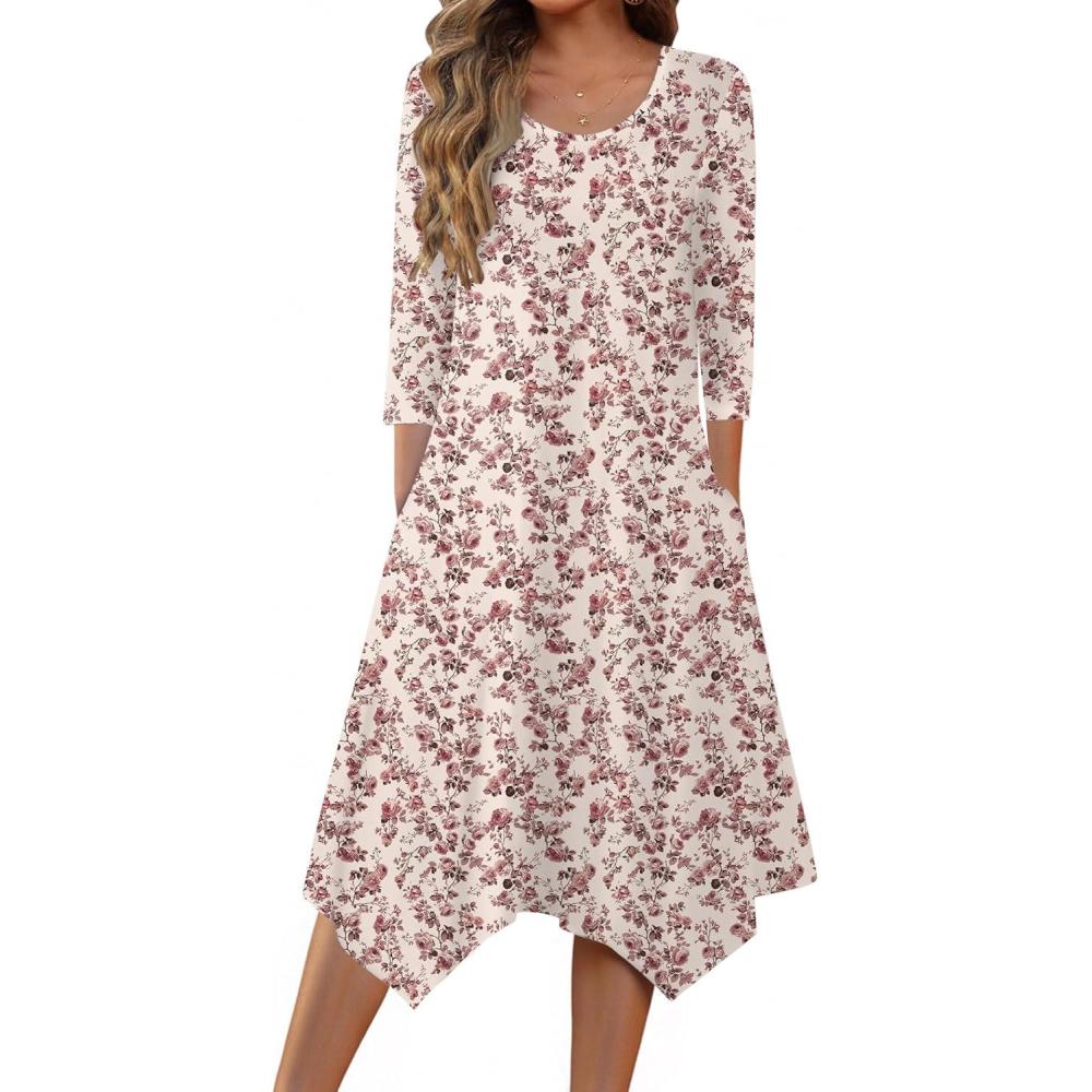 imageZeagoo Midi Dresses Women 2026 Spring Dress 34 Sleeve Casual Dresses with Pockets A Line Summer Beach SundressFloral Apricot