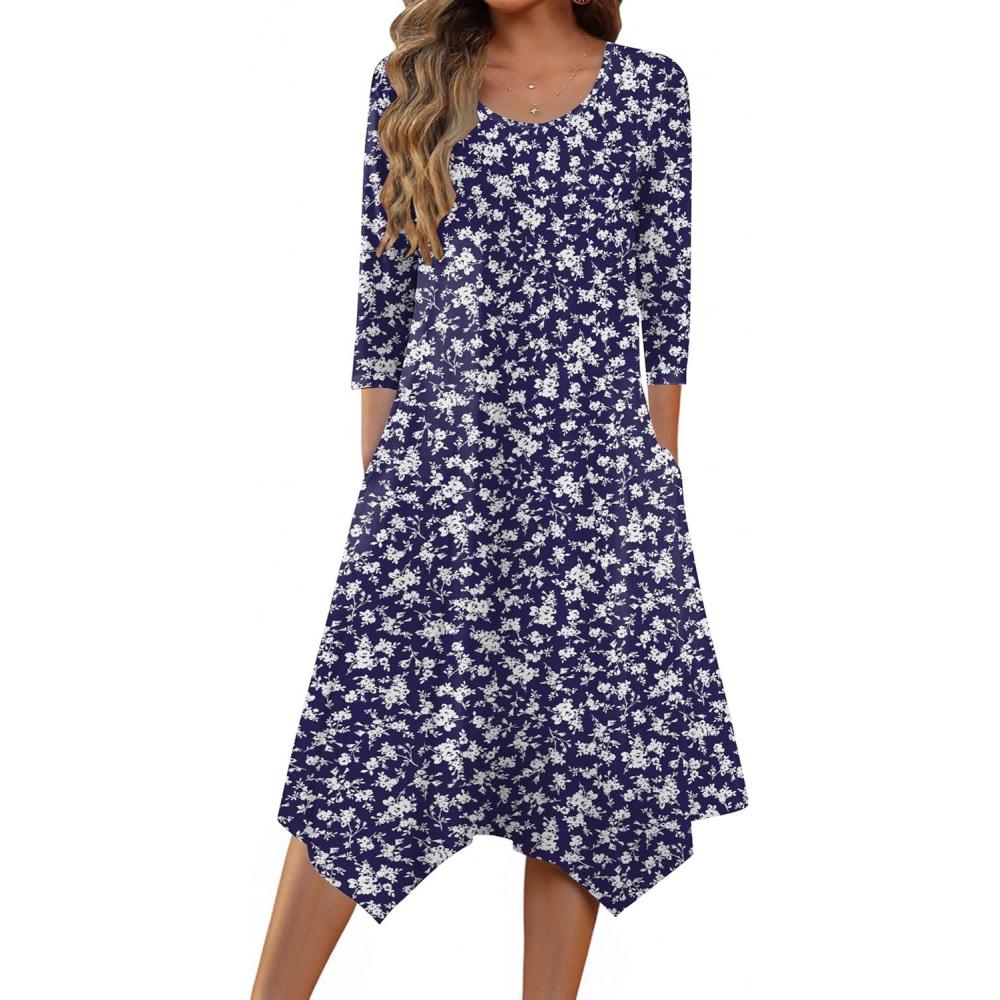 imageZeagoo Midi Dresses Women 2026 Spring Dress 34 Sleeve Casual Dresses with Pockets A Line Summer Beach SundressFlower Branch