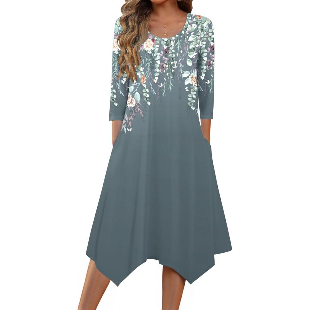 imageZeagoo Midi Dresses Women 2026 Spring Dress 34 Sleeve Casual Dresses with Pockets A Line Summer Beach SundressGreen Floral