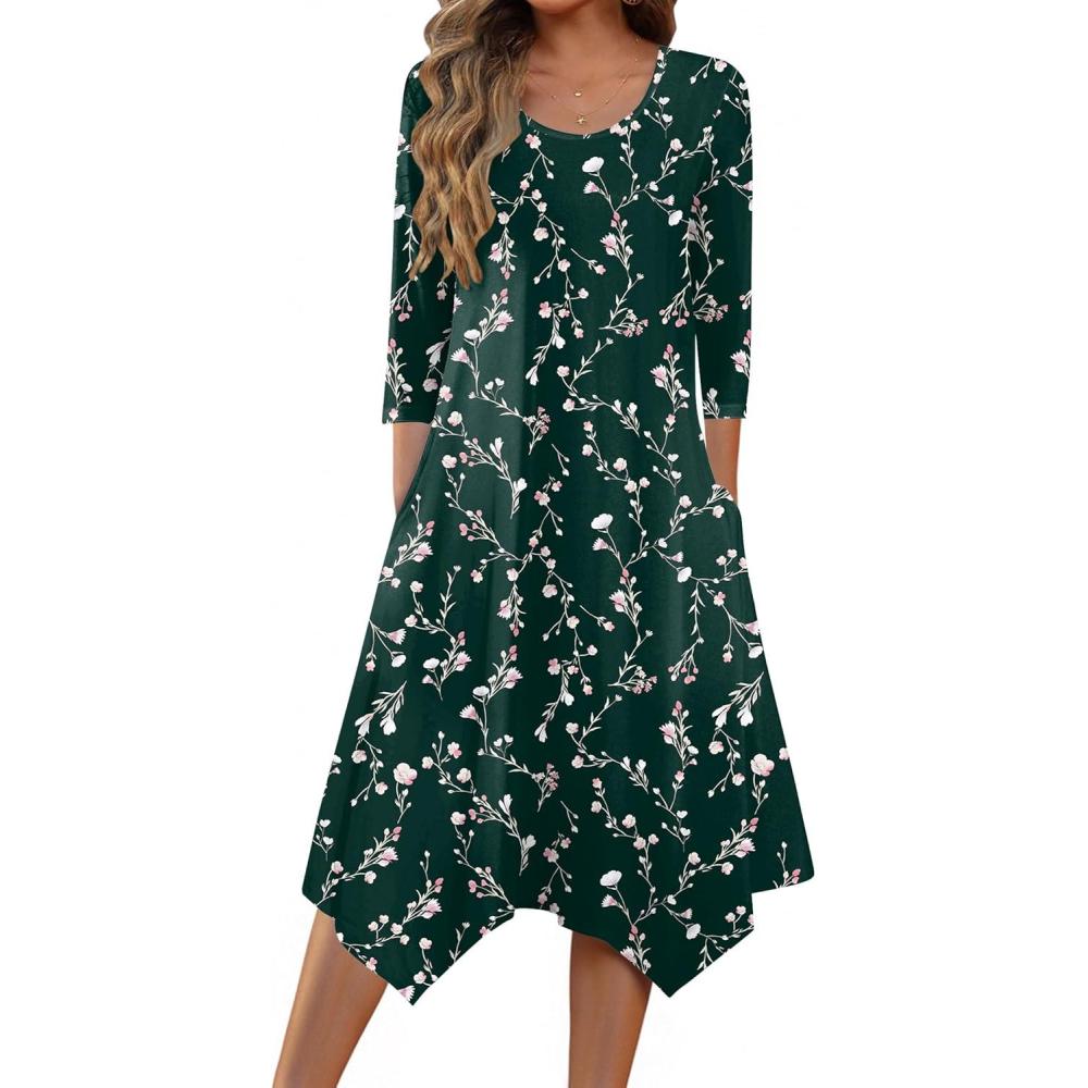 imageZeagoo Midi Dresses Women 2026 Spring Dress 34 Sleeve Casual Dresses with Pockets A Line Summer Beach SundressGreen Printing