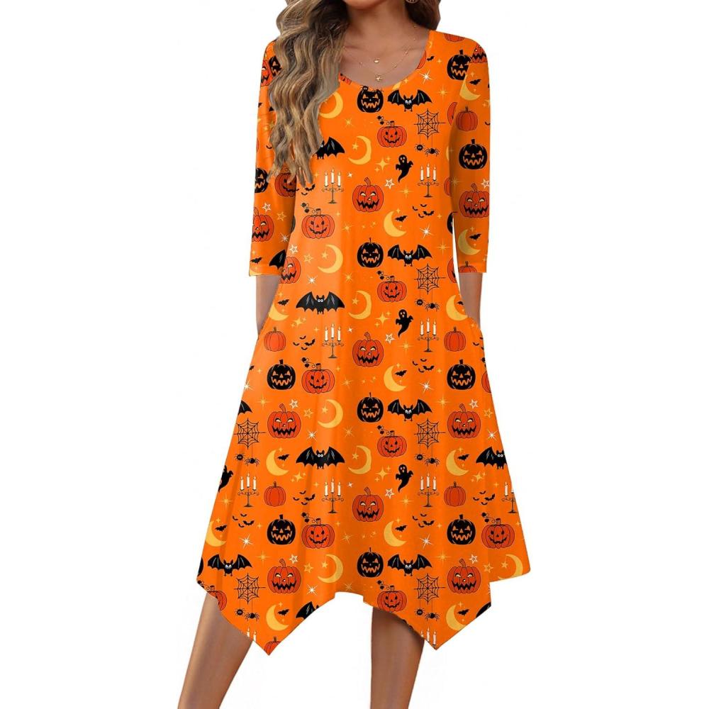 imageZeagoo Midi Dresses Women 2026 Spring Dress 34 Sleeve Casual Dresses with Pockets A Line Summer Beach SundressHalloween Pumpkin
