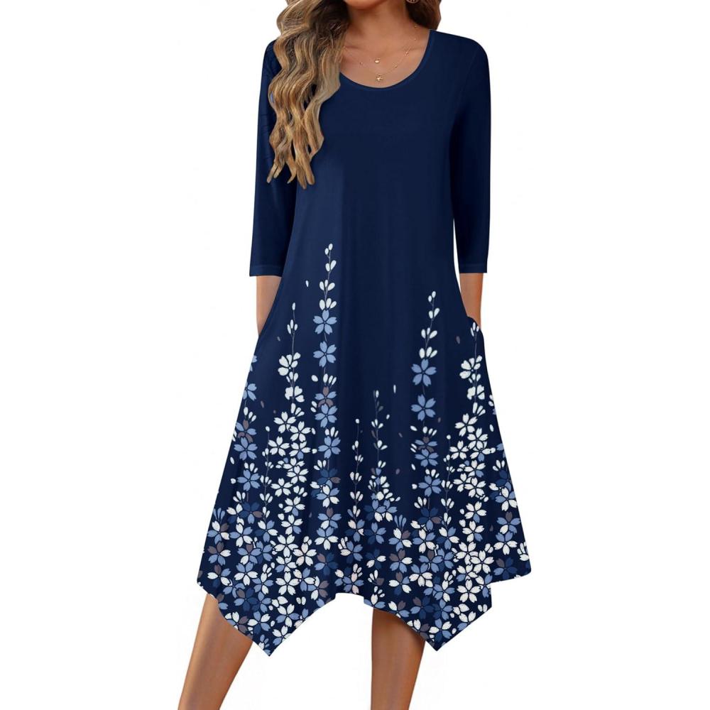 imageZeagoo Midi Dresses Women 2026 Spring Dress 34 Sleeve Casual Dresses with Pockets A Line Summer Beach SundressNavy Blue Floral