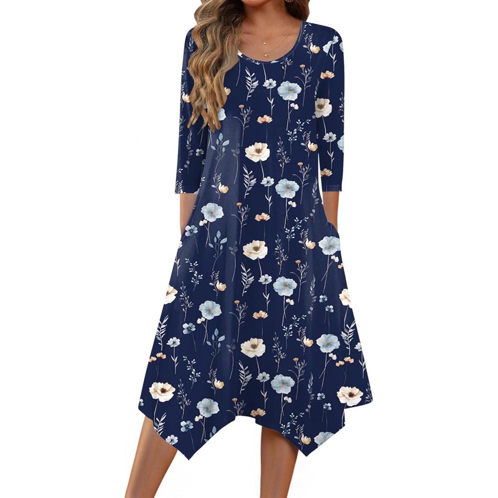 imageZeagoo Midi Dresses Women 2026 Spring Dress 34 Sleeve Casual Dresses with Pockets A Line Summer Beach SundressNavy Flower