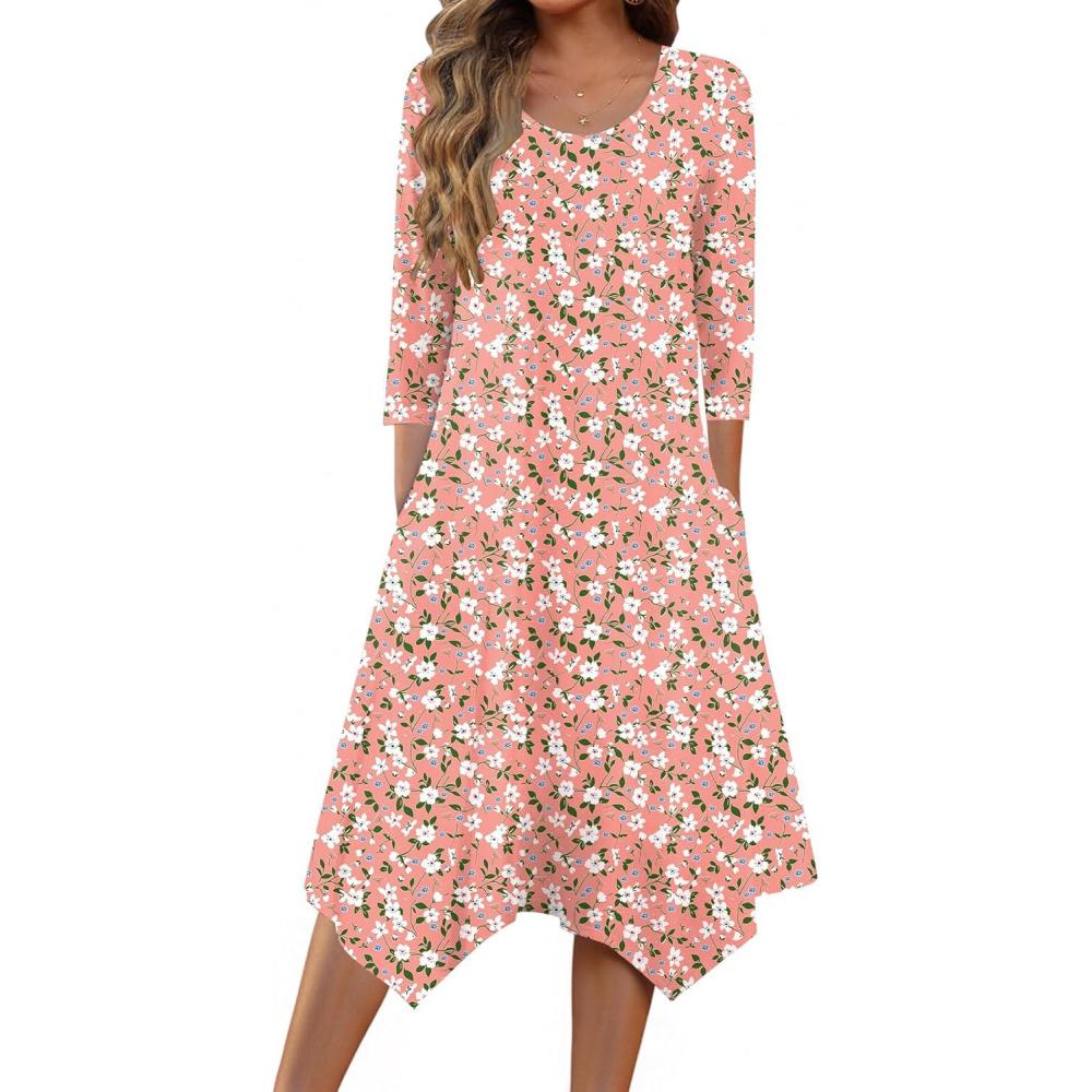 imageZeagoo Midi Dresses Women 2026 Spring Dress 34 Sleeve Casual Dresses with Pockets A Line Summer Beach SundressPink Floral