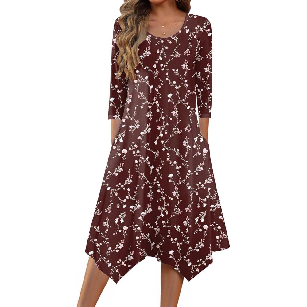 imageZeagoo Midi Dresses Women 2026 Spring Dress 34 Sleeve Casual Dresses with Pockets A Line Summer Beach SundressRed Printing