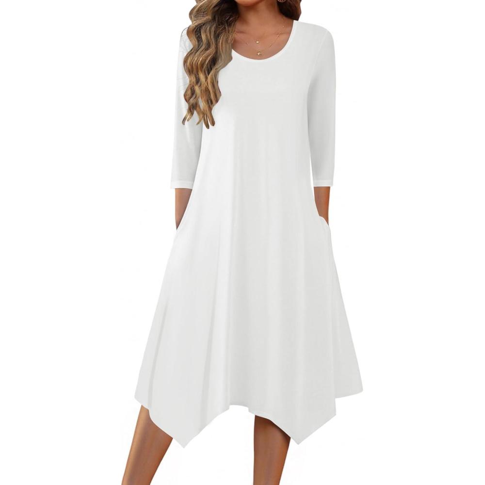 imageZeagoo Midi Dresses Women 2026 Spring Dress 34 Sleeve Casual Dresses with Pockets A Line Summer Beach SundressWhite