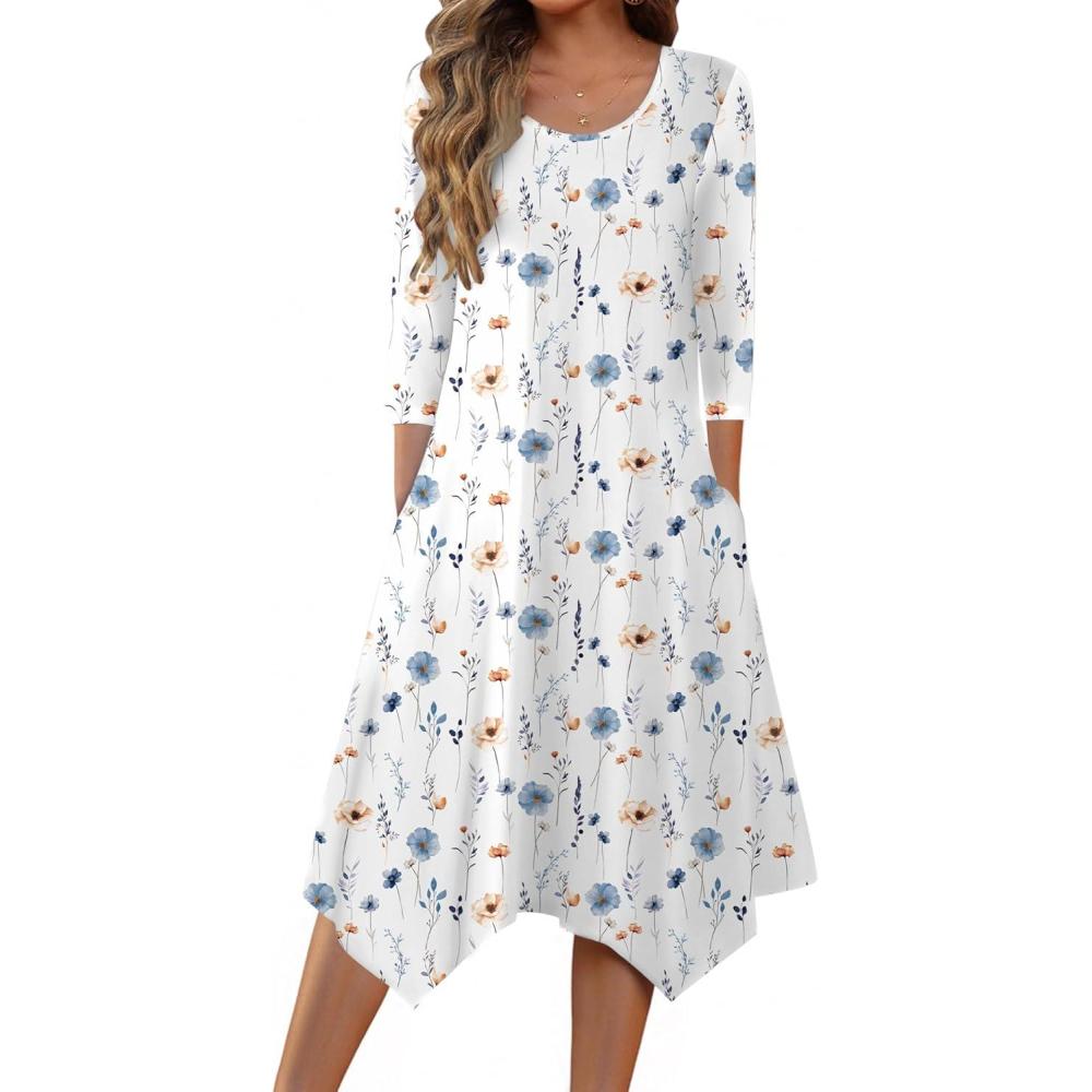 imageZeagoo Midi Dresses Women 2026 Spring Dress 34 Sleeve Casual Dresses with Pockets A Line Summer Beach SundressWhite Blue