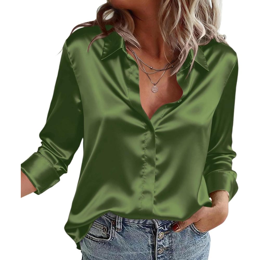 imageZeagoo Satin Blouses for Women Casual Long Sleeve Button Down Silk Shirts Dressy Business Work Tunic TopArmy Green