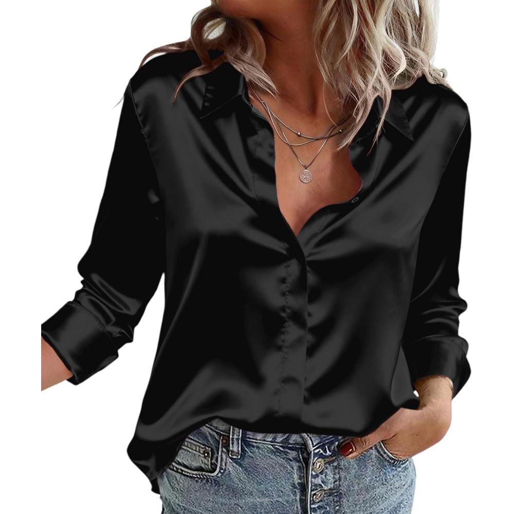imageZeagoo Satin Blouses for Women Casual Long Sleeve Button Down Silk Shirts Dressy Business Work Tunic TopBlack