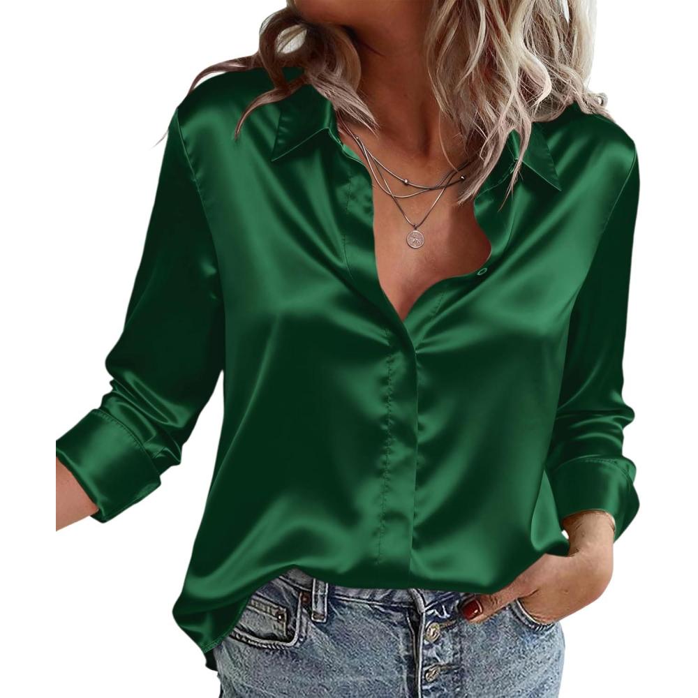 imageZeagoo Satin Blouses for Women Casual Long Sleeve Button Down Silk Shirts Dressy Business Work Tunic TopGreen