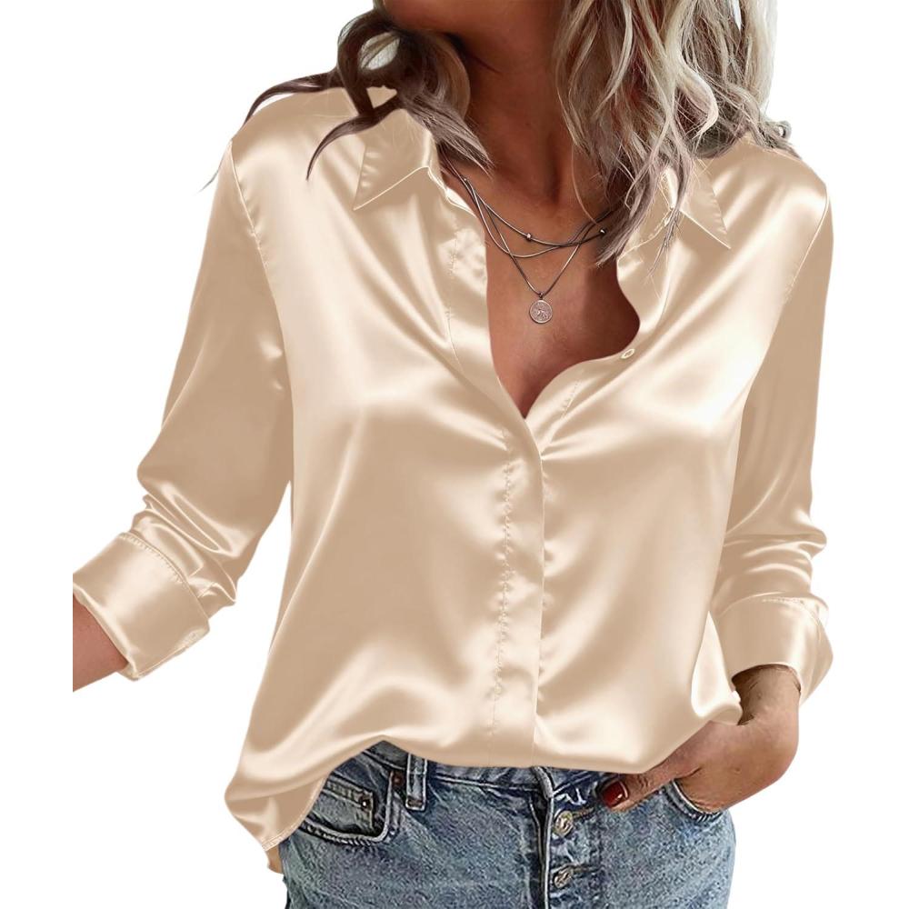imageZeagoo Satin Blouses for Women Casual Long Sleeve Button Down Silk Shirts Dressy Business Work Tunic TopLight Khaki
