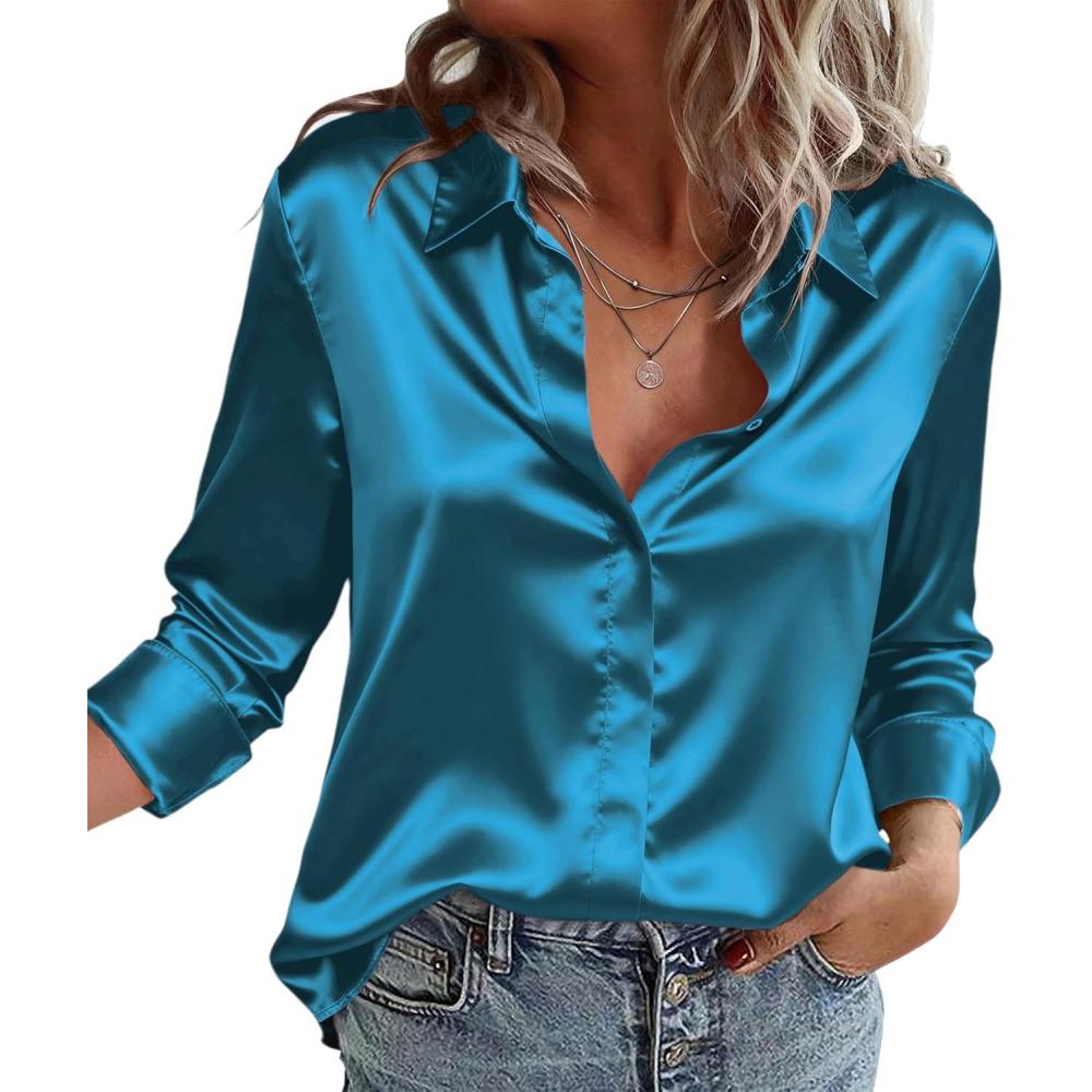 imageZeagoo Satin Blouses for Women Casual Long Sleeve Button Down Silk Shirts Dressy Business Work Tunic TopPeacock Blue