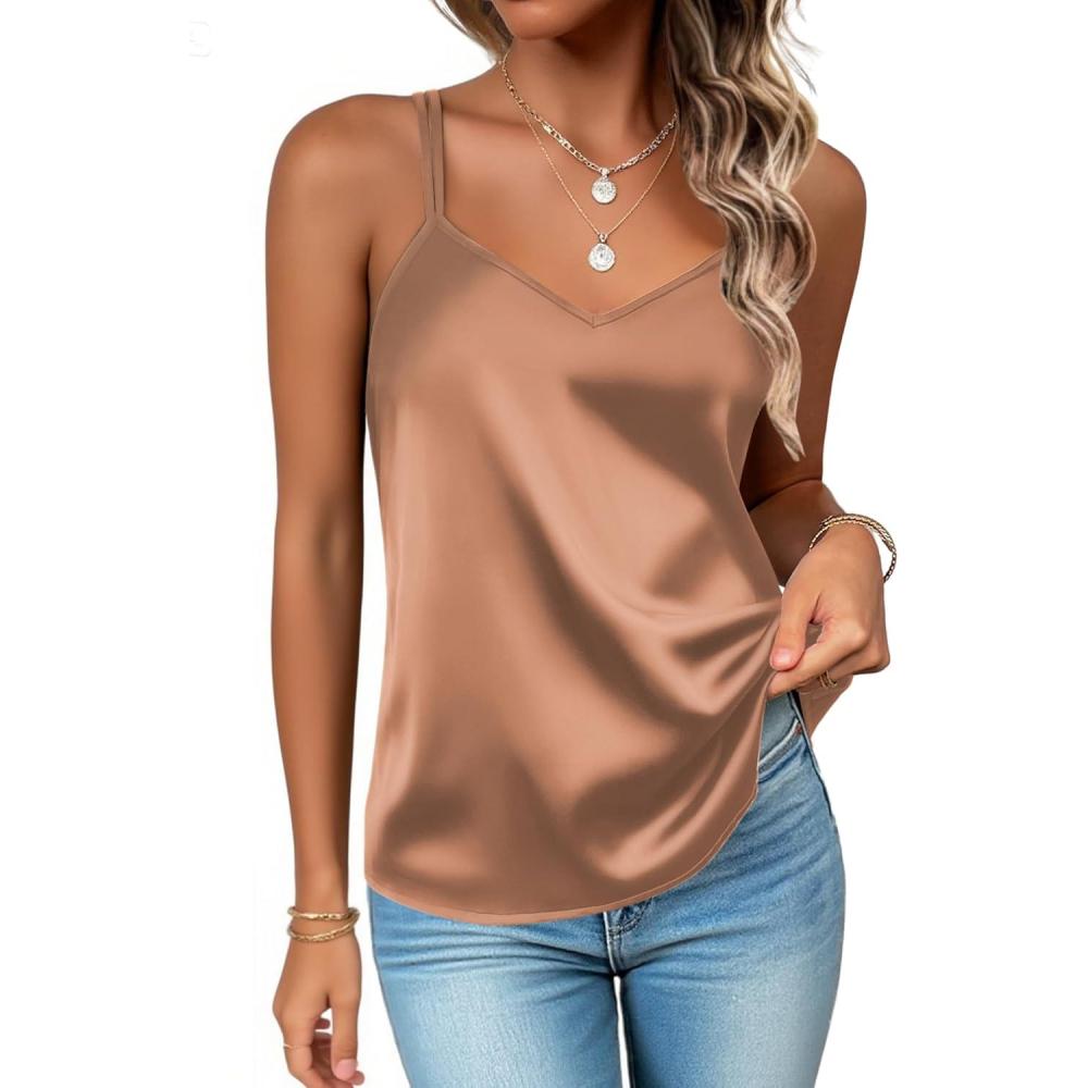 imageZeagoo Silk Camisole Tops for Women 2026 V Neck Satin Tank Top Spaghetti Strap Cross Back Sleeveless Summer Blouses1 Pack Brown