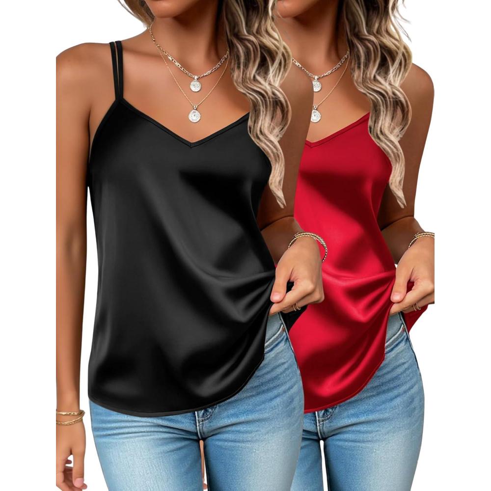 imageZeagoo Silk Camisole Tops for Women 2026 V Neck Satin Tank Top Spaghetti Strap Cross Back Sleeveless Summer Blouses2 Pack Blackred