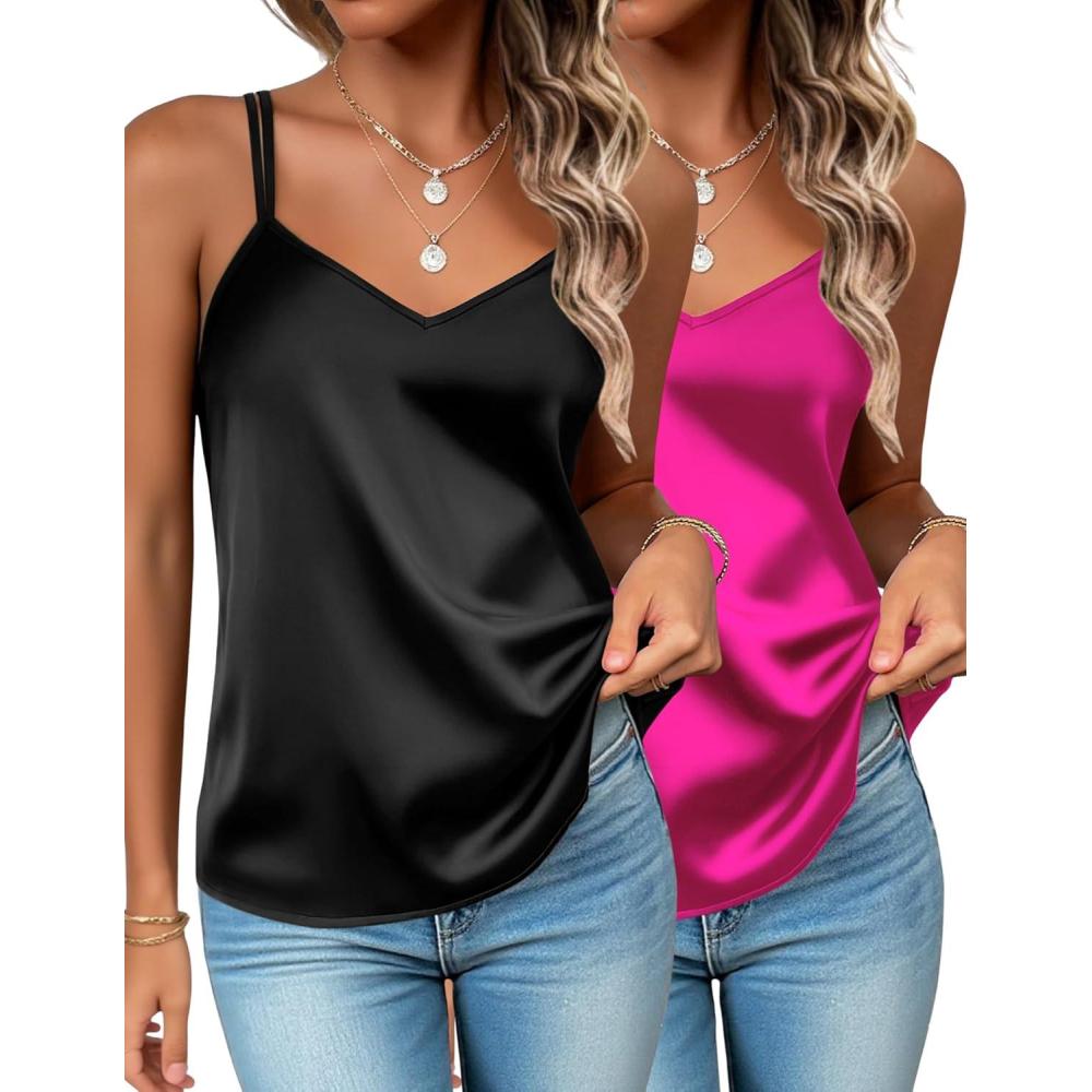 imageZeagoo Silk Camisole Tops for Women 2026 V Neck Satin Tank Top Spaghetti Strap Cross Back Sleeveless Summer Blouses2 Pack Blackrose Red