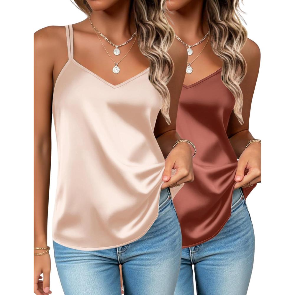 imageZeagoo Silk Camisole Tops for Women 2026 V Neck Satin Tank Top Spaghetti Strap Cross Back Sleeveless Summer Blouses2 Pack Champagnecaramel
