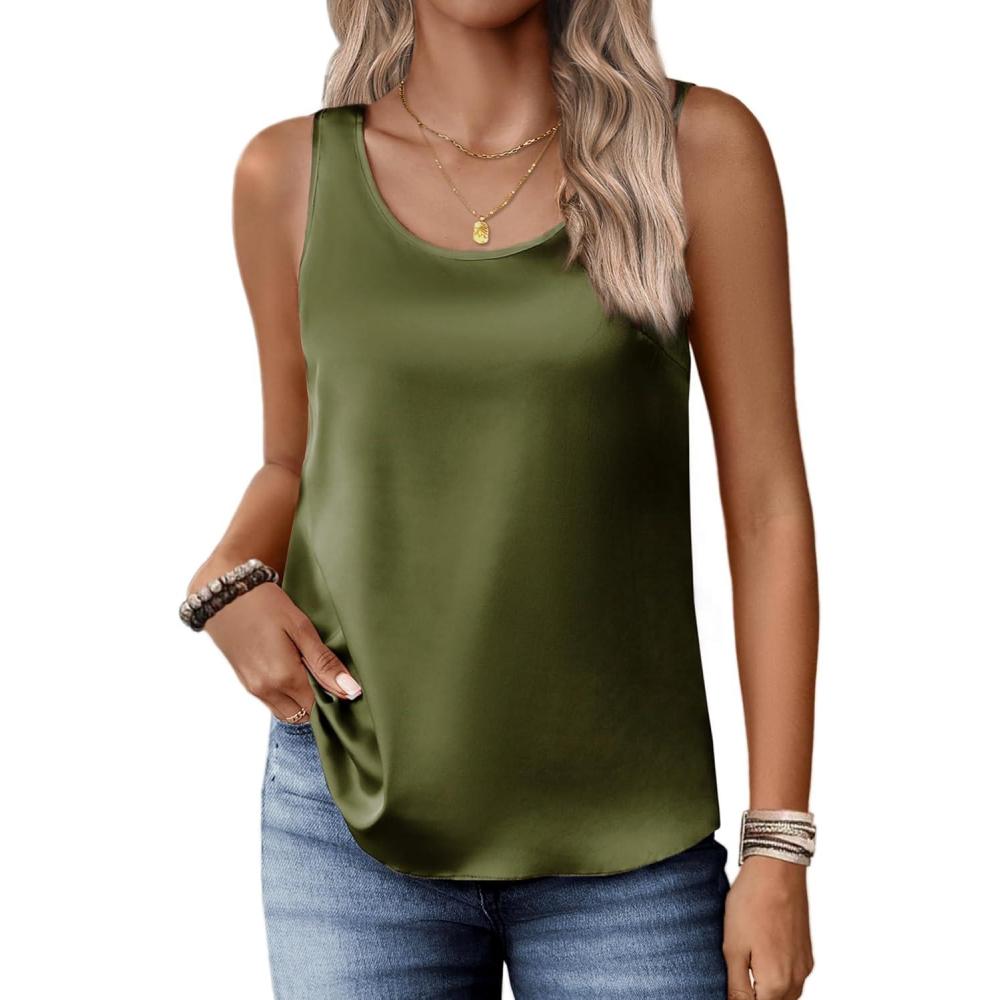 imageZeagoo Silk Satin Tank Tops for Women Scoop Neck Sleeveless Camisole Tops 2026 Summer Basic BlousesArmy Green