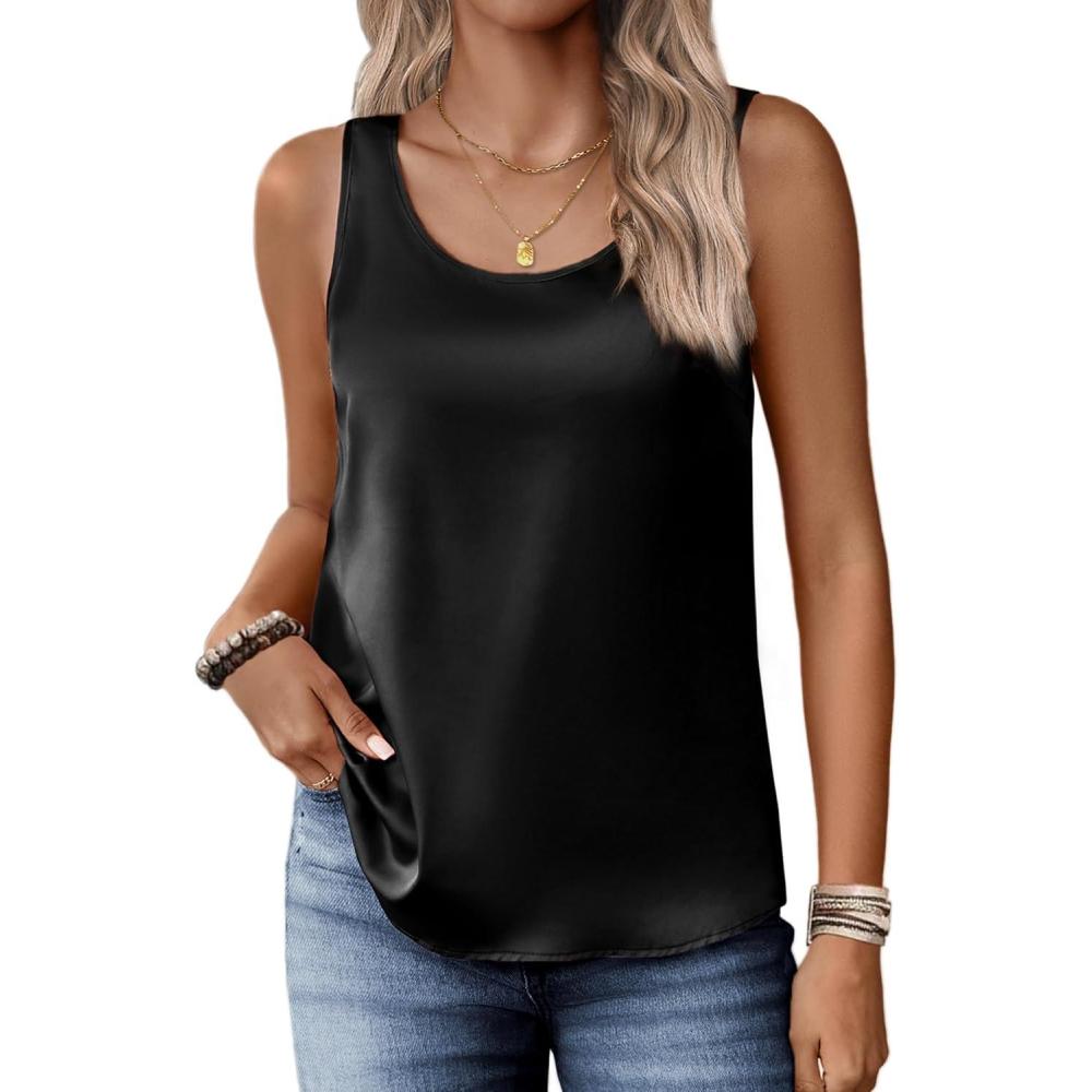 imageZeagoo Silk Satin Tank Tops for Women Scoop Neck Sleeveless Camisole Tops 2026 Summer Basic BlousesBlack