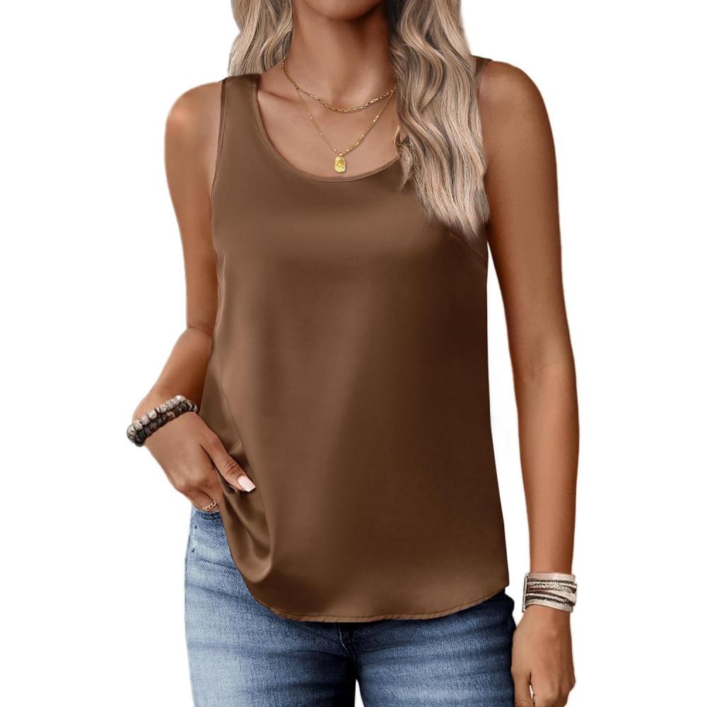 imageZeagoo Silk Satin Tank Tops for Women Scoop Neck Sleeveless Camisole Tops 2026 Summer Basic BlousesBrown