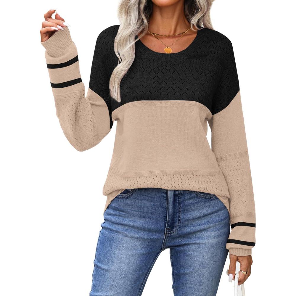imageZeagoo Sweaters for Women Long Sleeve Tops Soft Knit Crew Neck Pullover Sweater Lightweight Crochet 2026 Fall OutfitsA Blackapricot