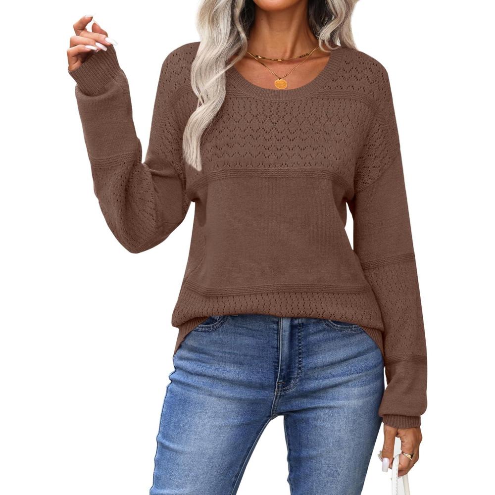 imageZeagoo Sweaters for Women Long Sleeve Tops Soft Knit Crew Neck Pullover Sweater Lightweight Crochet 2026 Fall OutfitsA Brown
