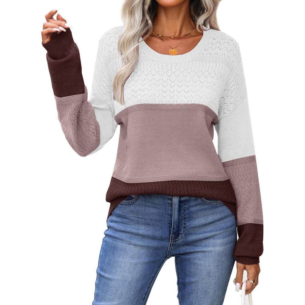 imageZeagoo Sweaters for Women Long Sleeve Tops Soft Knit Crew Neck Pullover Sweater Lightweight Crochet 2026 Fall OutfitsA Colorblock 284