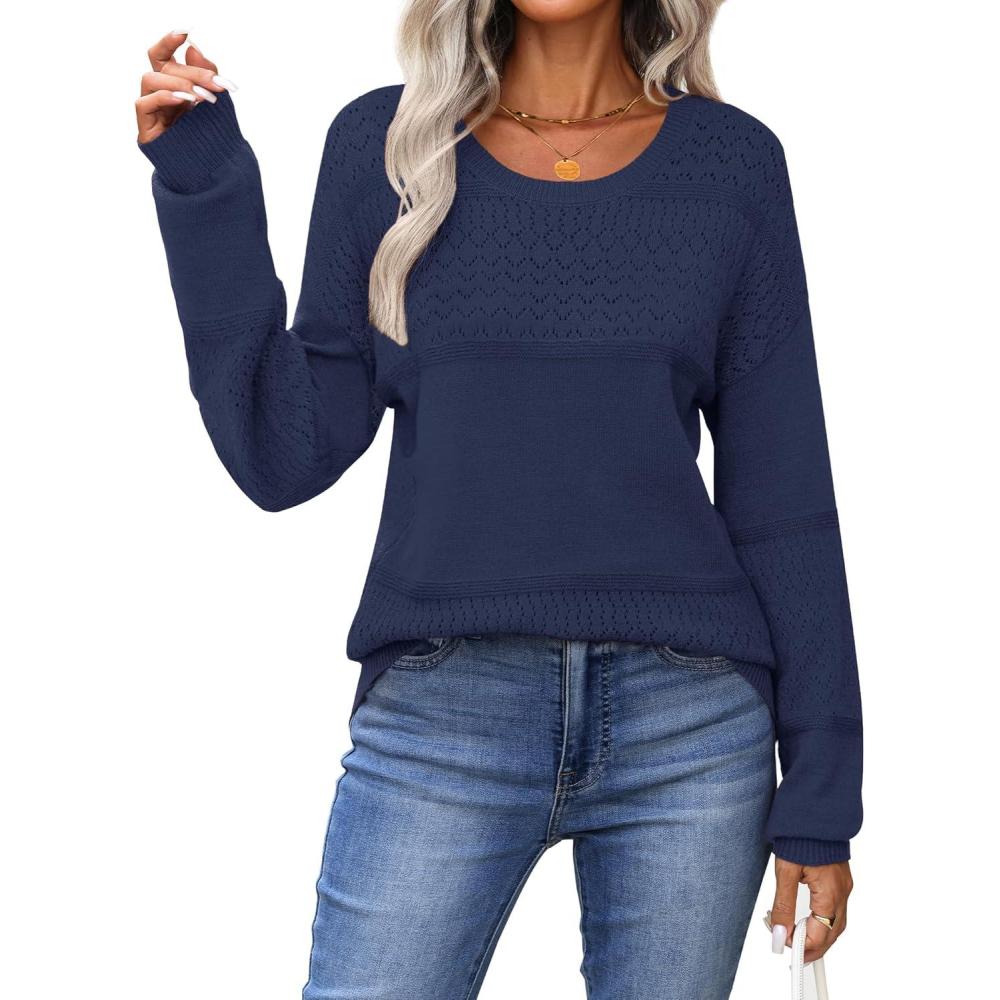 imageZeagoo Sweaters for Women Long Sleeve Tops Soft Knit Crew Neck Pullover Sweater Lightweight Crochet 2026 Fall OutfitsA Dark Blue