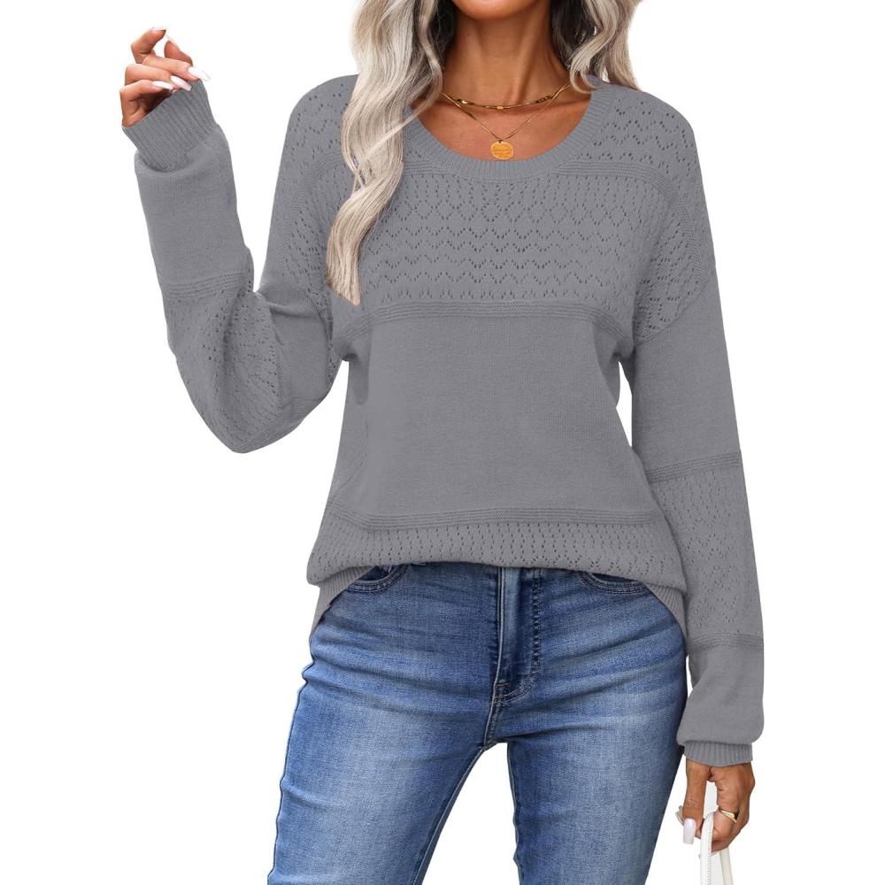 imageZeagoo Sweaters for Women Long Sleeve Tops Soft Knit Crew Neck Pullover Sweater Lightweight Crochet 2026 Fall OutfitsA Grey