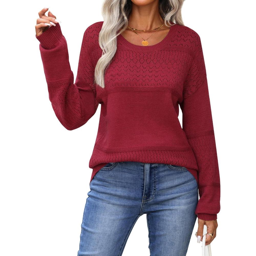 imageZeagoo Sweaters for Women Long Sleeve Tops Soft Knit Crew Neck Pullover Sweater Lightweight Crochet 2026 Fall OutfitsA Wine Red