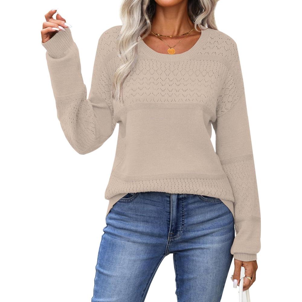 imageZeagoo Sweaters for Women Long Sleeve Tops Soft Knit Crew Neck Pullover Sweater Lightweight Crochet 2026 Fall OutfitsApricot