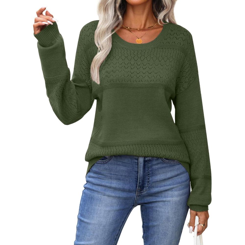 imageZeagoo Sweaters for Women Long Sleeve Tops Soft Knit Crew Neck Pullover Sweater Lightweight Crochet 2026 Fall OutfitsArmy Green