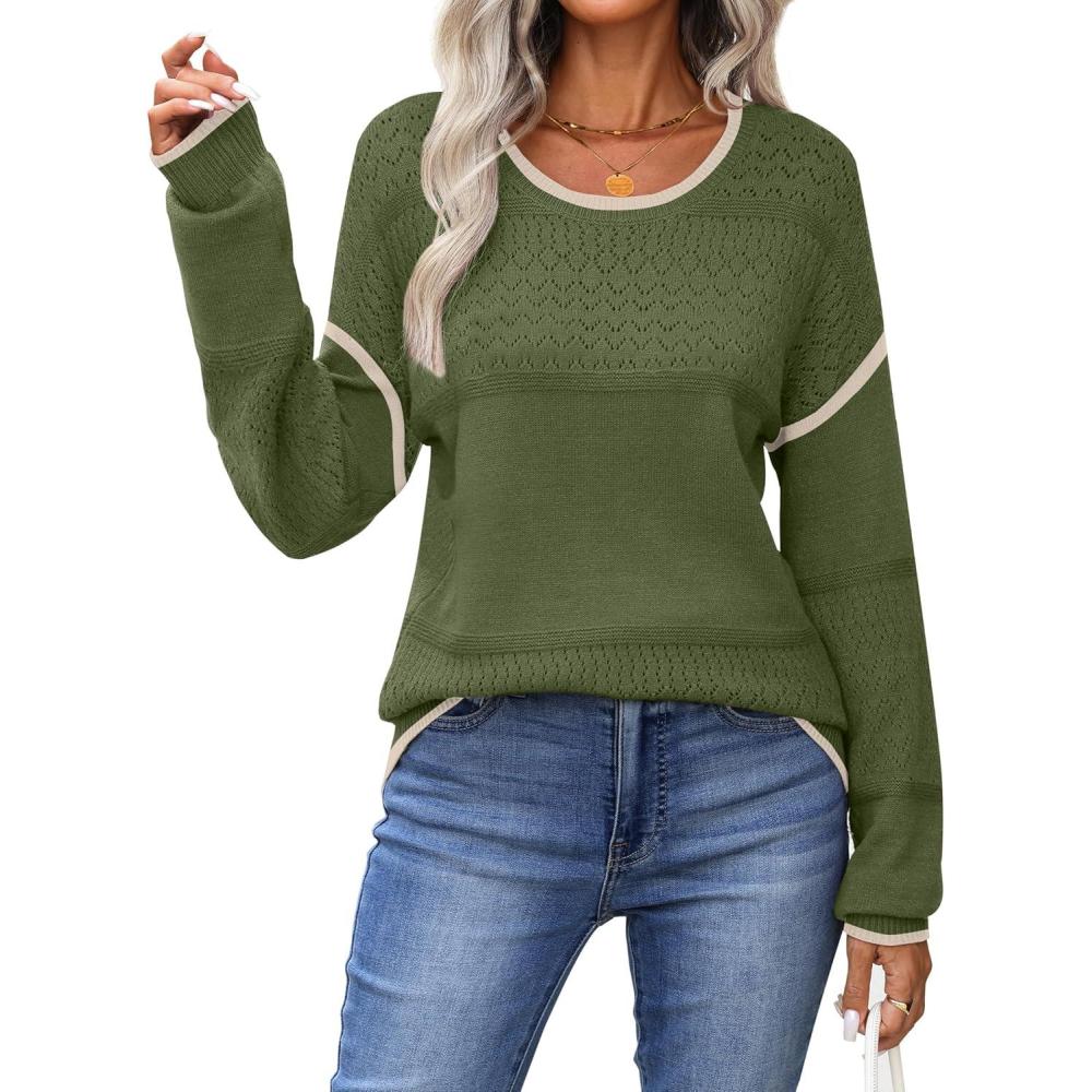 imageZeagoo Sweaters for Women Long Sleeve Tops Soft Knit Crew Neck Pullover Sweater Lightweight Crochet 2026 Fall OutfitsArmy Greenapricot