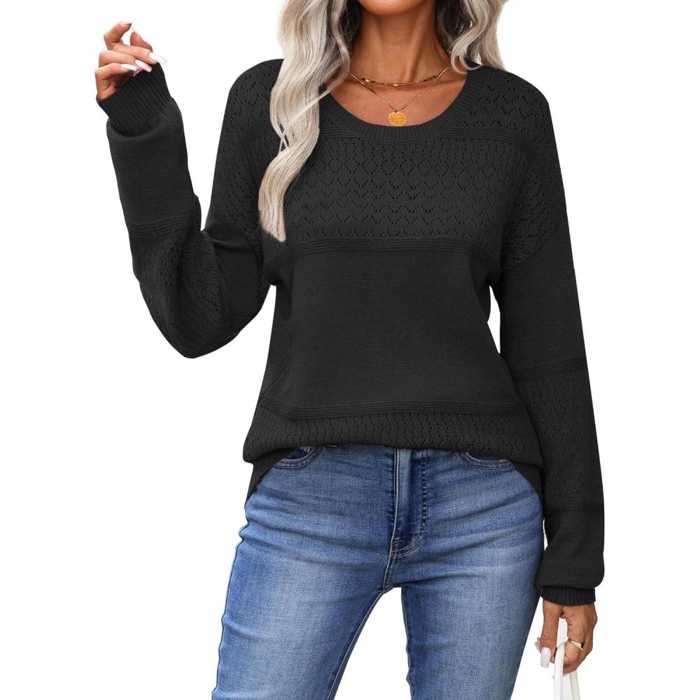 imageZeagoo Sweaters for Women Long Sleeve Tops Soft Knit Crew Neck Pullover Sweater Lightweight Crochet 2026 Fall OutfitsBlack