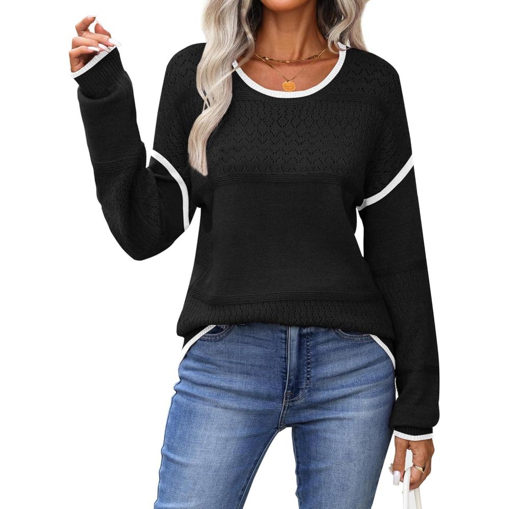 imageZeagoo Sweaters for Women Long Sleeve Tops Soft Knit Crew Neck Pullover Sweater Lightweight Crochet 2026 Fall OutfitsBlack B1