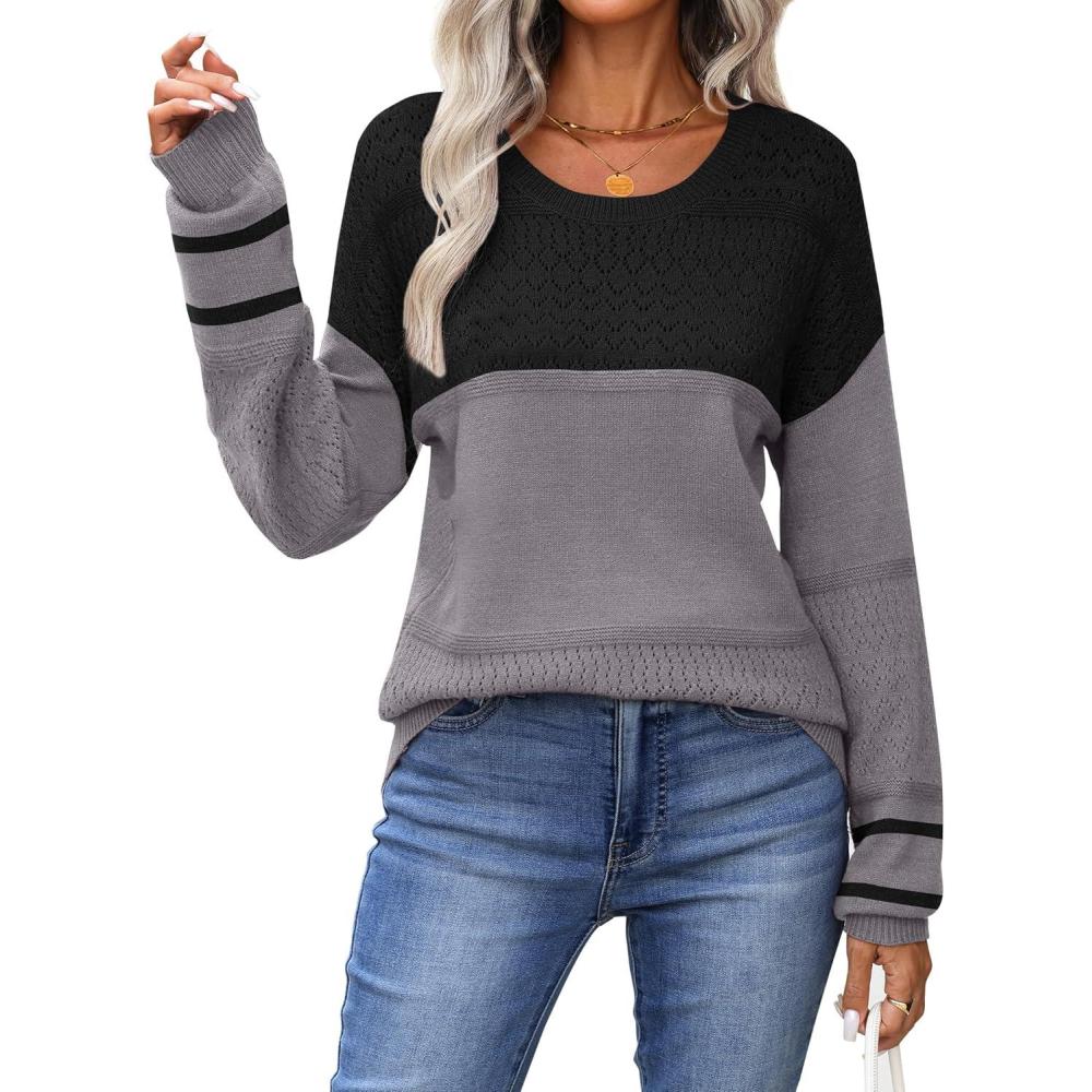imageZeagoo Sweaters for Women Long Sleeve Tops Soft Knit Crew Neck Pullover Sweater Lightweight Crochet 2026 Fall OutfitsBlackgray