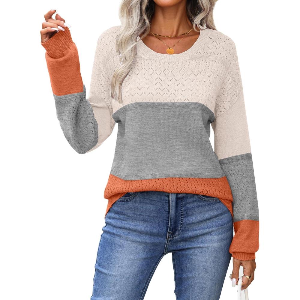 imageZeagoo Sweaters for Women Long Sleeve Tops Soft Knit Crew Neck Pullover Sweater Lightweight Crochet 2026 Fall OutfitsColorblock 278