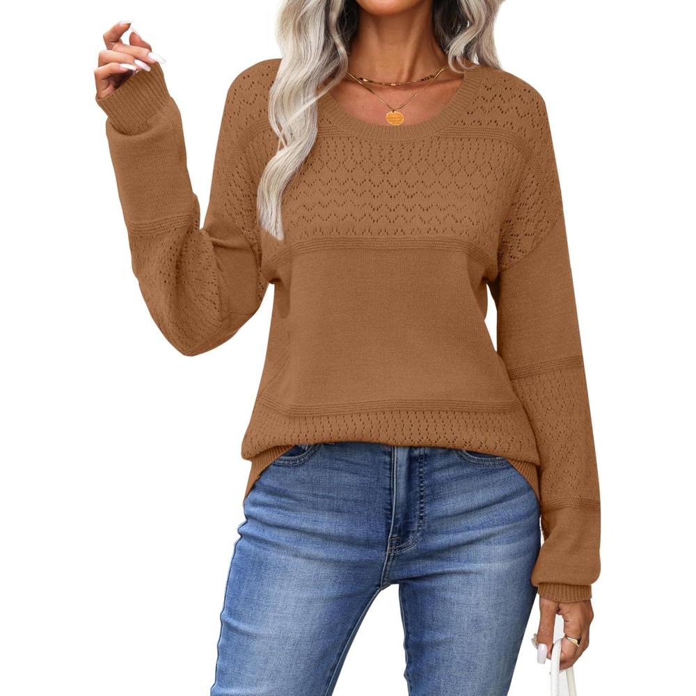 imageZeagoo Sweaters for Women Long Sleeve Tops Soft Knit Crew Neck Pullover Sweater Lightweight Crochet 2026 Fall OutfitsLight Brown