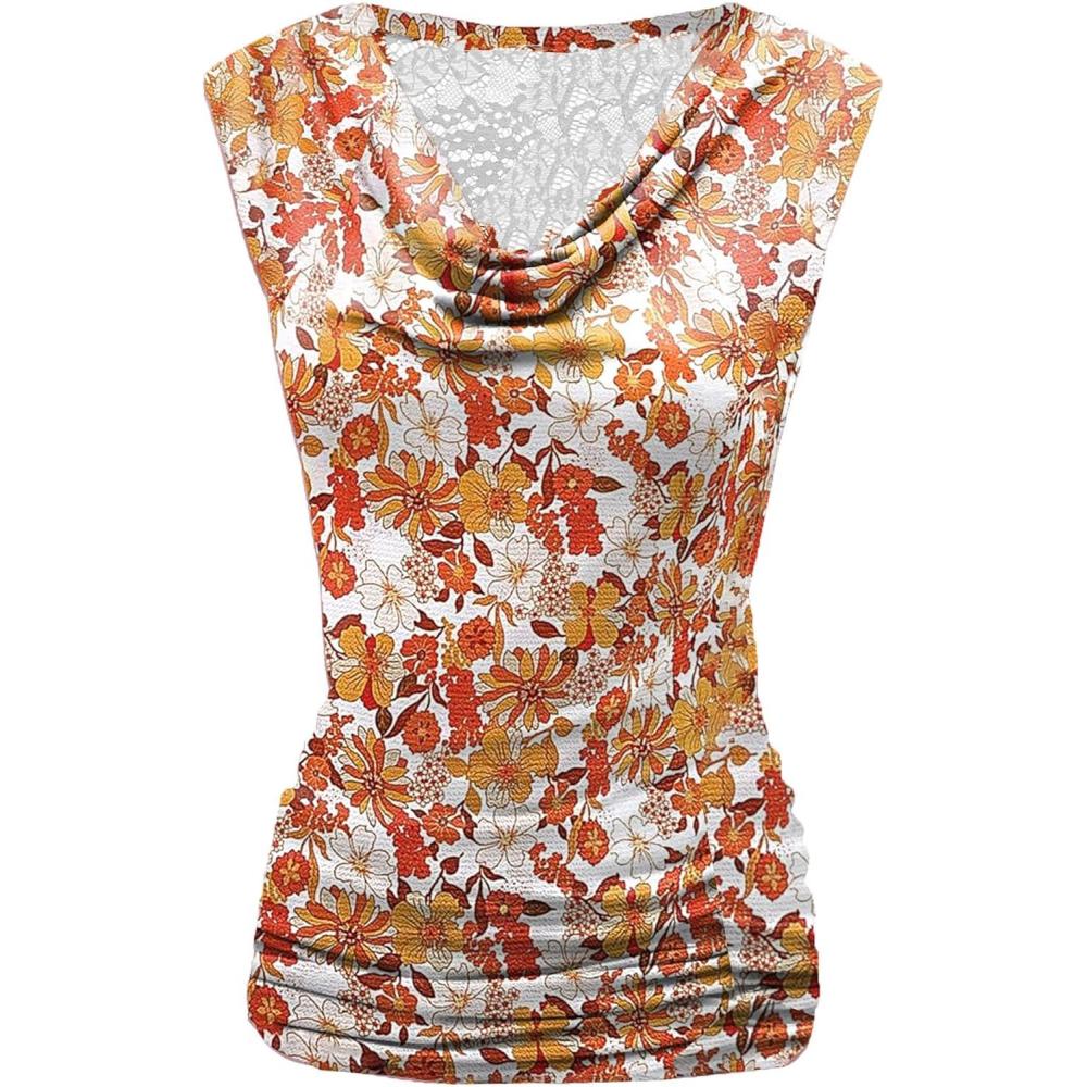 imageZeagoo Tank Top for Women Trendy Going Out Tops Sleeveless Shirts Ruched Business Casual Basic Tunic TopsFloral Orange