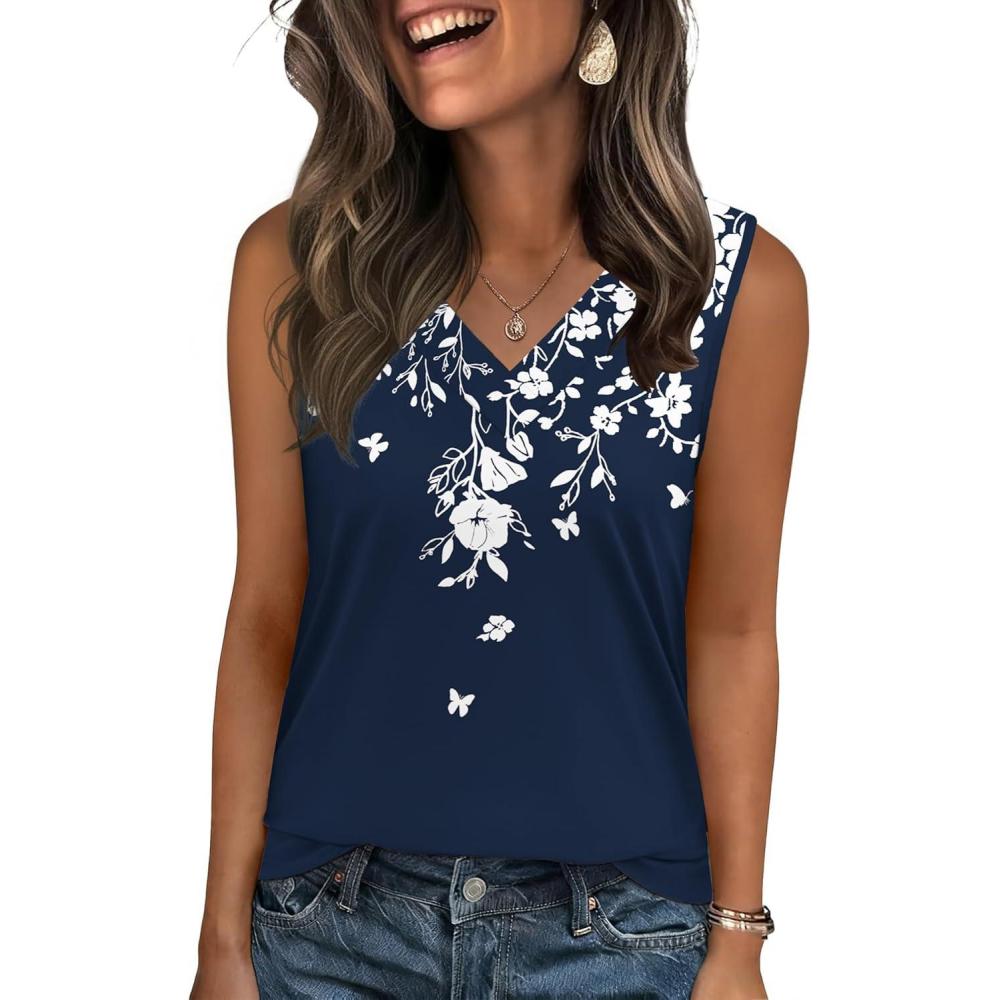 imageZeagoo Tank Top for Women V Neck Loose Fit Sleeveless Summer Tops Business Casual Outfits Dressy Blouses ShirtsFloral Navy 103
