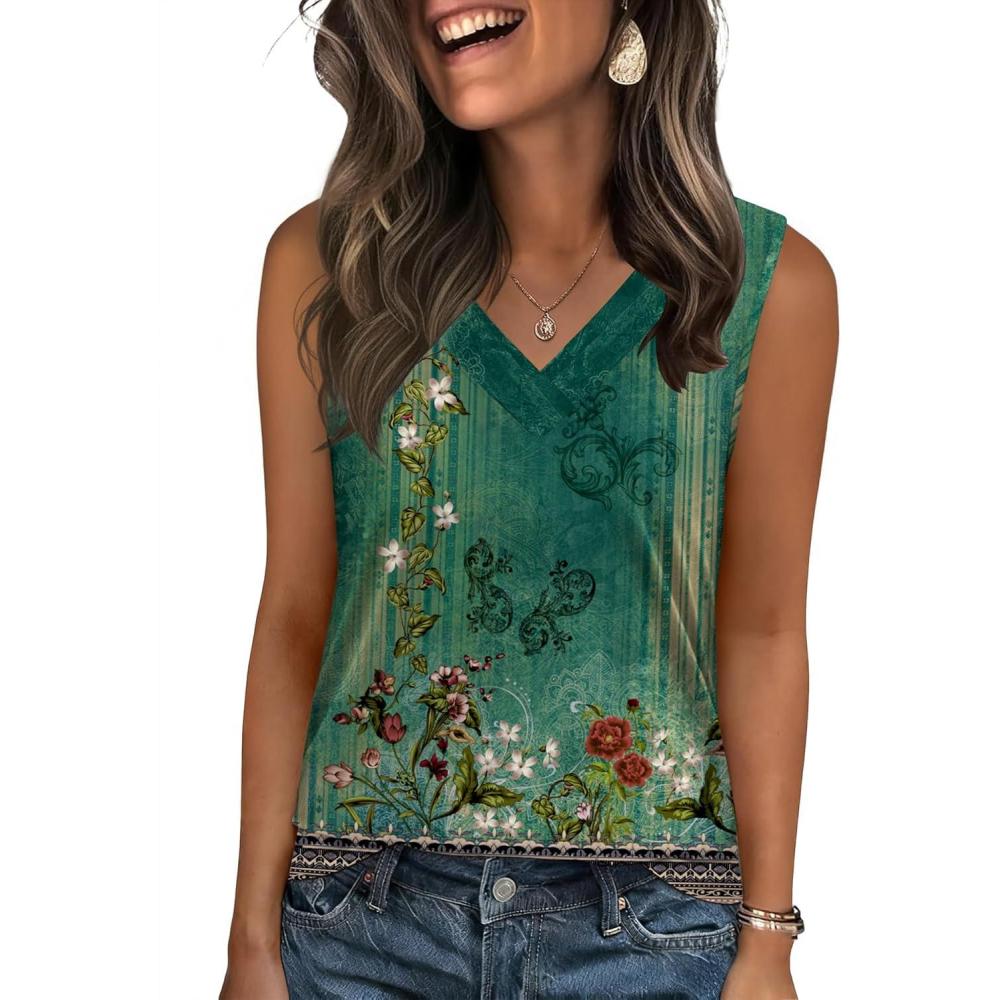 imageZeagoo Tank Top for Women V Neck Loose Fit Sleeveless Summer Tops Business Casual Outfits Dressy Blouses ShirtsGreen Flowersmz839