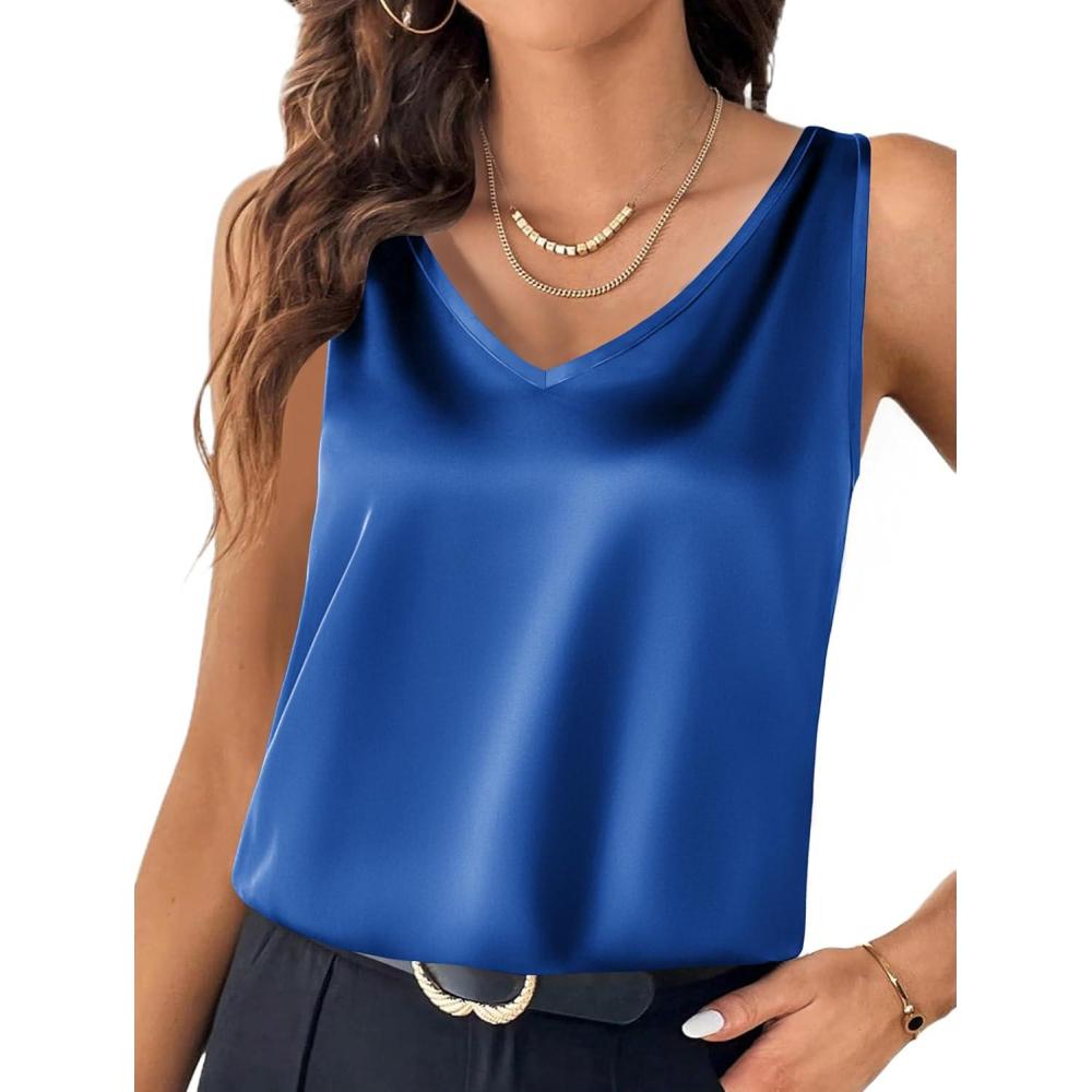 imageZeagoo Women 2026 Silk Satin Tank Top Casual V Neck Camisole Blouses Loose Sleeveless Cami Basic Tank ShirtBlue