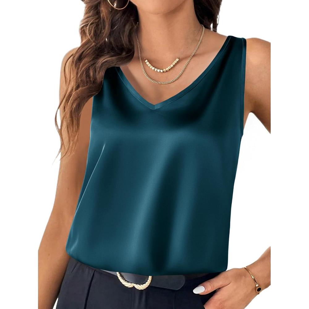 imageZeagoo Women 2026 Silk Satin Tank Top Casual V Neck Camisole Blouses Loose Sleeveless Cami Basic Tank ShirtBlue Green