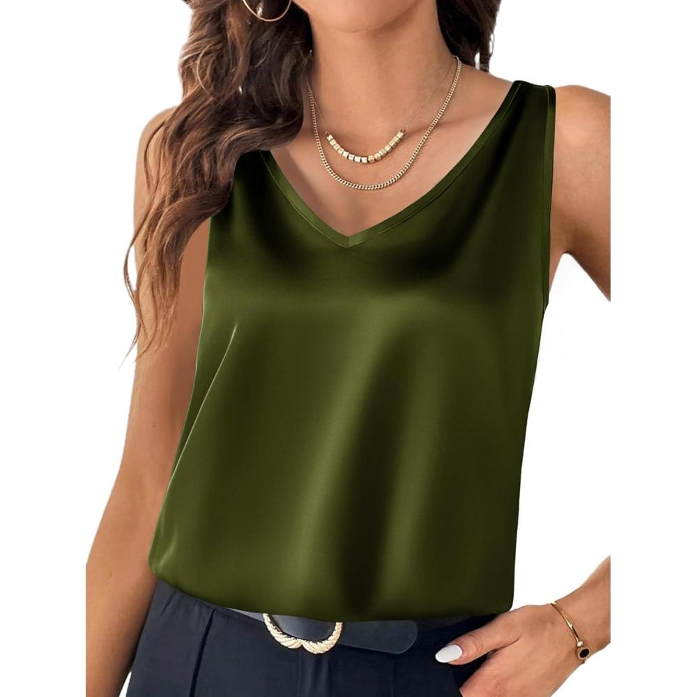 imageZeagoo Women 2026 Silk Satin Tank Top Casual V Neck Camisole Blouses Loose Sleeveless Cami Basic Tank ShirtCarmy Green
