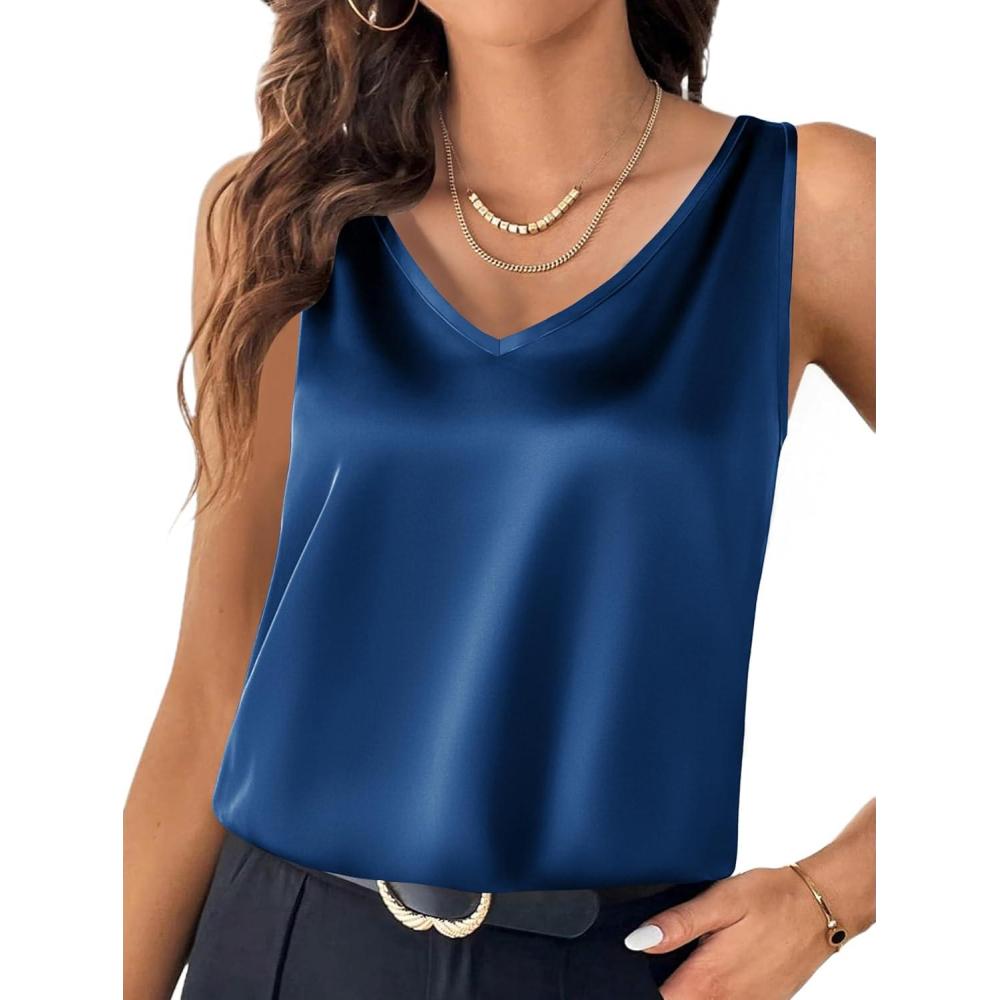 imageZeagoo Women 2026 Silk Satin Tank Top Casual V Neck Camisole Blouses Loose Sleeveless Cami Basic Tank ShirtSnorkel Blue