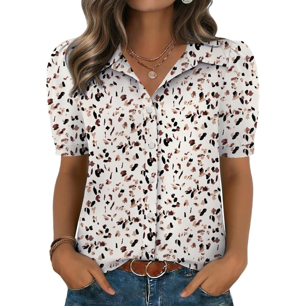 imageZeagoo Women Button Down Shirts Puff Short Sleeve Blouses Chiffon Tops Business Casual Outfits Summer ClothesApricotan443