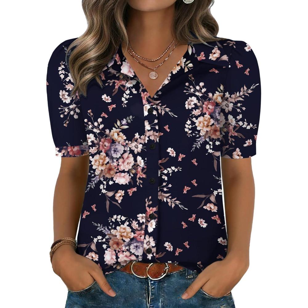imageZeagoo Women Button Down Shirts Puff Short Sleeve Blouses Chiffon Tops Business Casual Outfits Summer ClothesBlack Pink Flowersbf332