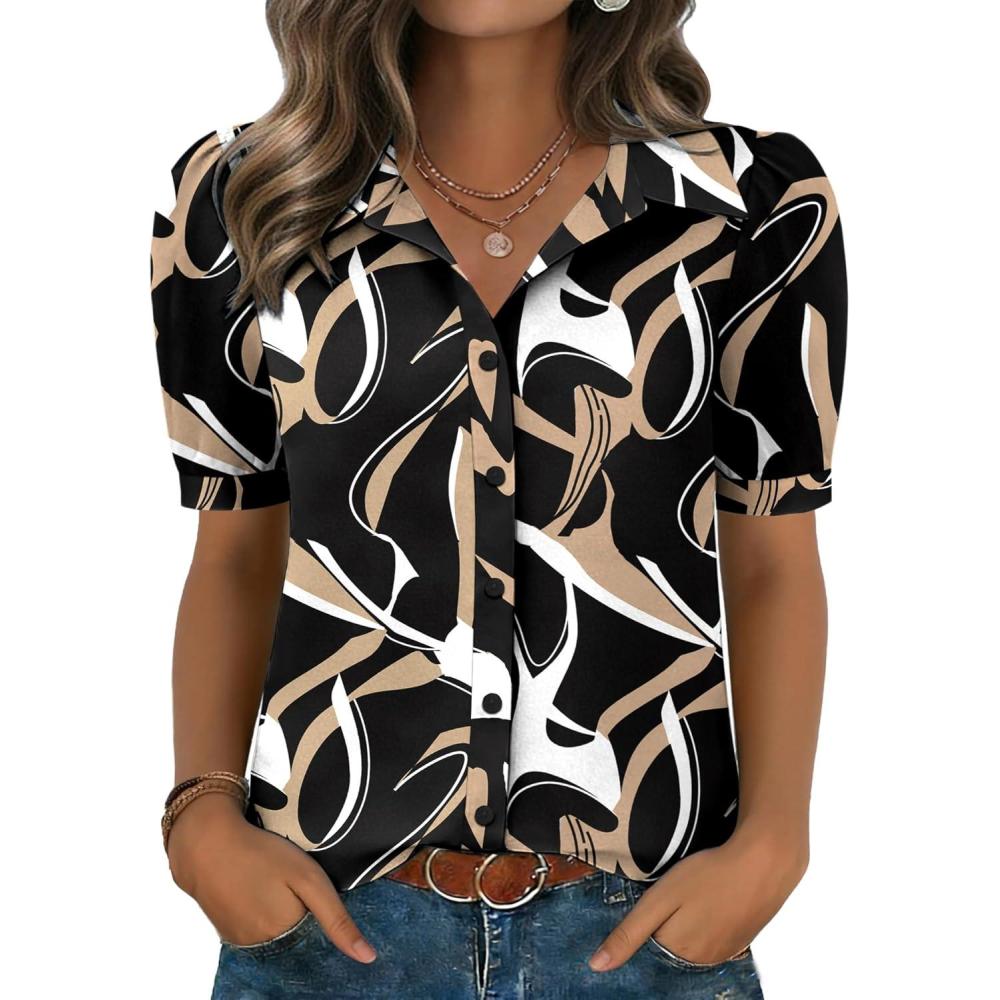 imageZeagoo Women Button Down Shirts Puff Short Sleeve Blouses Chiffon Tops Business Casual Outfits Summer ClothesBlackcx312
