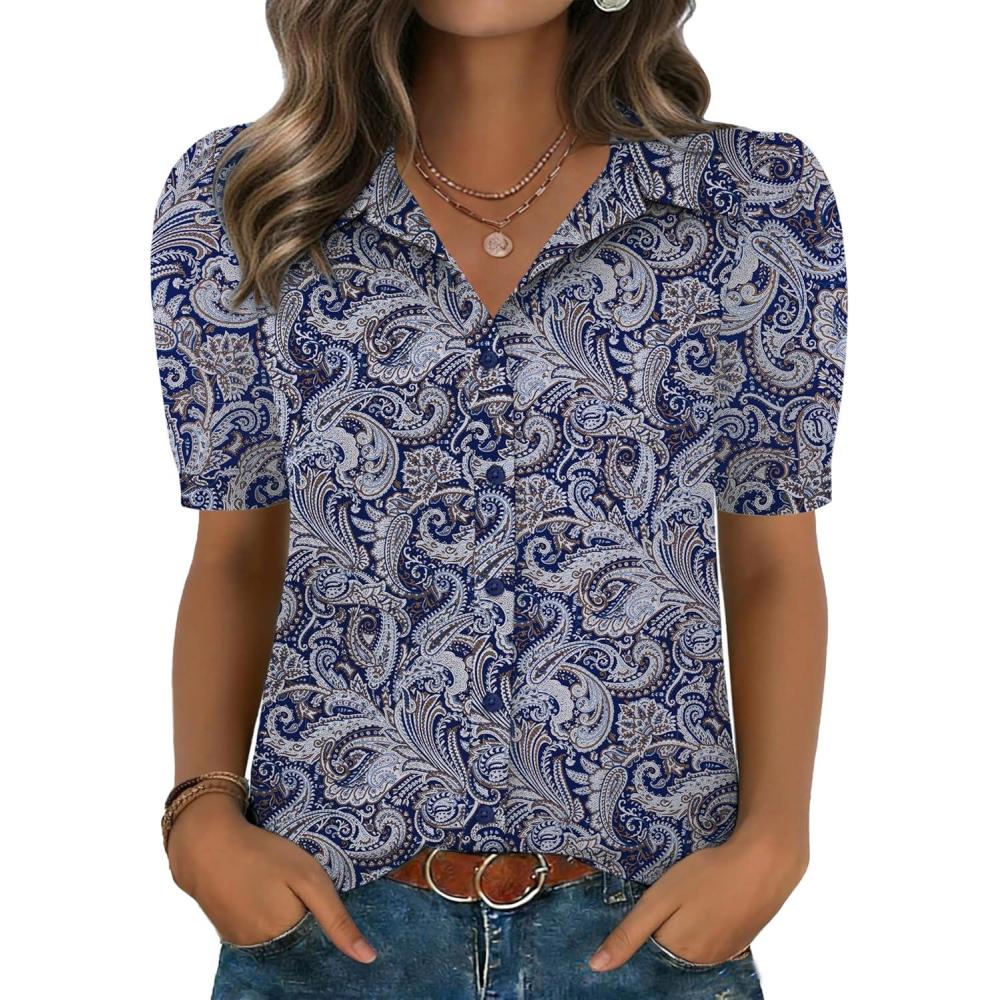 imageZeagoo Women Button Down Shirts Puff Short Sleeve Blouses Chiffon Tops Business Casual Outfits Summer ClothesBohemiamz473